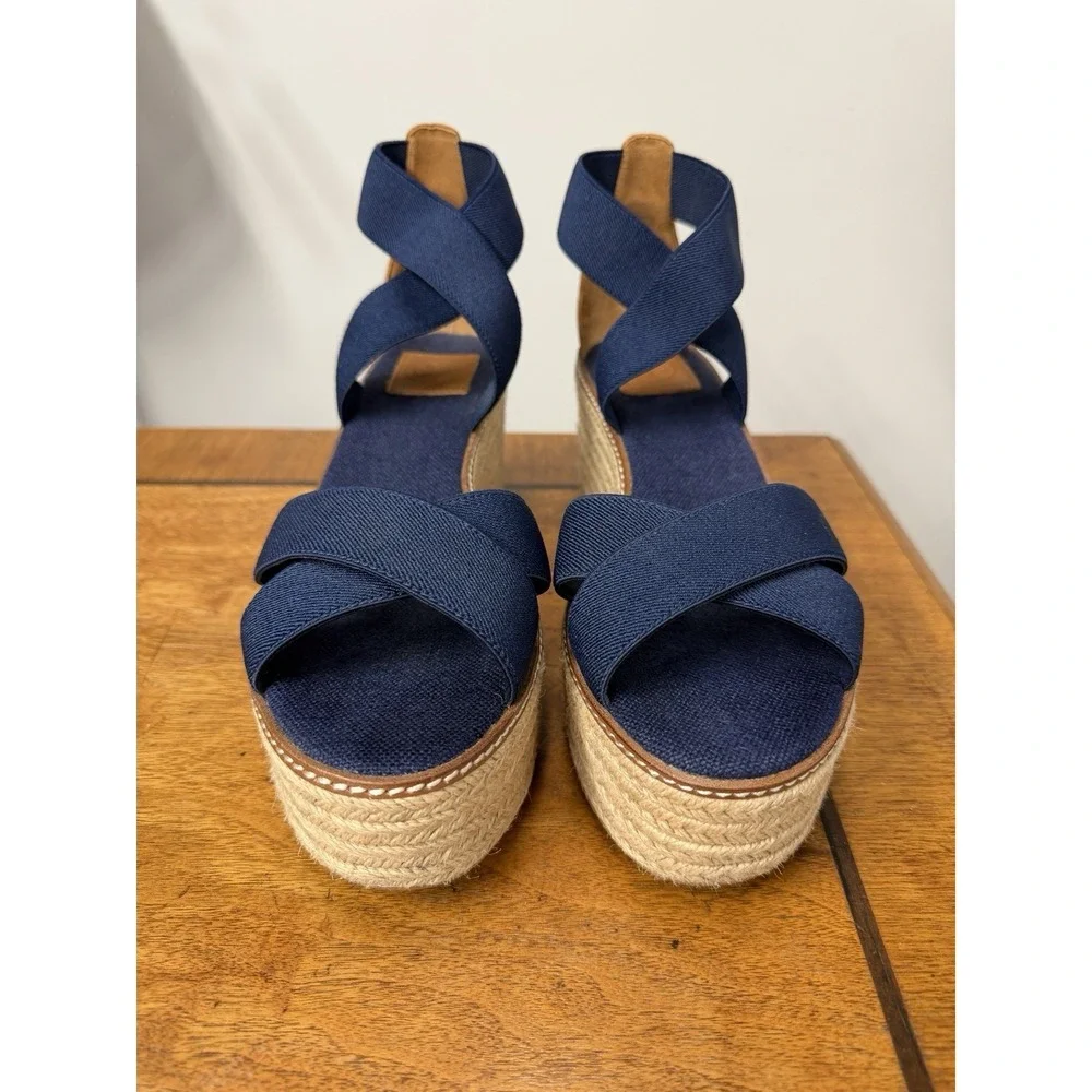 Tory Burch Women's Size 10.5 Navy 50mm Frieda Espadrille Wedge Sandals Stretch